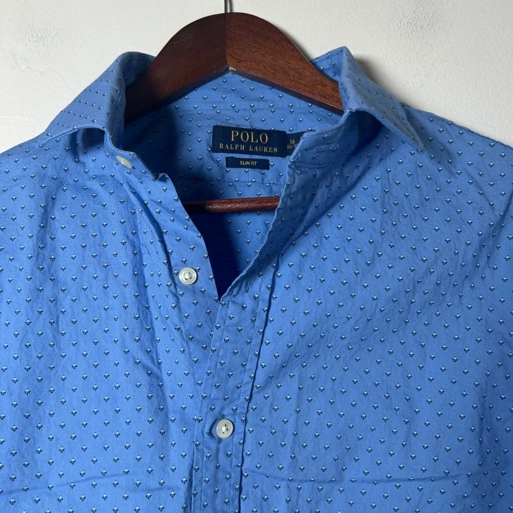 Polo Ralph Lauren Men's Blue Dotted Slim Fit Dress Shirt Size 16 32/33